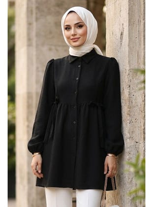 Beli Büzgülü Düğmeli Siyah Tesettür Tunik 51091S