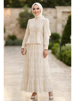 Düğme Detaylı Peplum Fisto Bej Tesettür İkili Takım 50063BEJ
