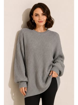 Kendinden Desenli Triko Tunik R4444 Gri