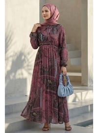 Viera Şal Desenli Yakası Kuşaklı Gül Kurusu Şifon Elbise