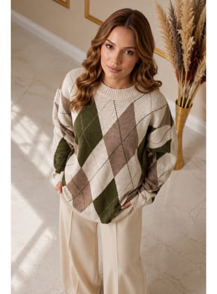 Baklava Desenli Triko Tunik R4508 Ekru