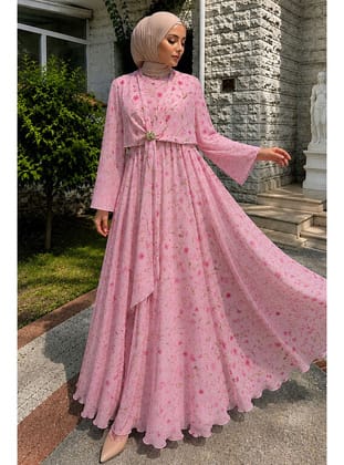 Çiçek Desenli Tokalı Şifon Elbise TSD260256 Pembe