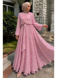 Çiçek Desenli Tokalı Şifon Elbise TSD260256 Pembe