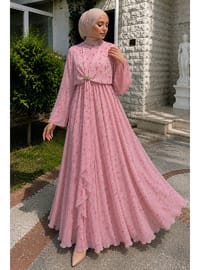 Çiçek Desenli Tokalı Şifon Elbise TSD260256 Pembe