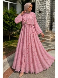Çiçek Desenli Tokalı Şifon Elbise TSD260256 Pembe