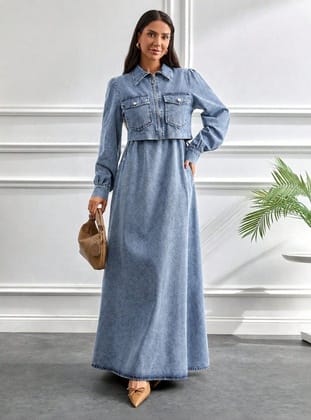 2'li Kot Takım Elbise – Kısa Ceketli Denim Tesettür Elbise
