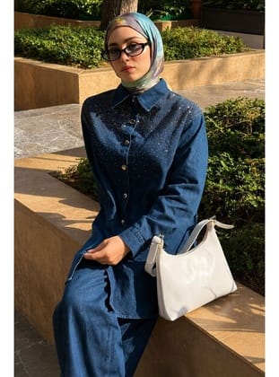 Luna Taş İşlemeli Denim Takım Koyu Mavi 19401