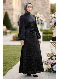 Taşlı Kuşaklı Yoryo Saten Siyah Elbise