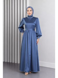 İncili Saten Abiye İndigo