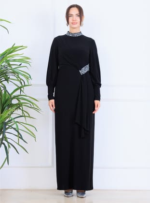 Melisa Taşlı Sarkaçlı Tesettür Abiye Elbise - Siyah - Elben Moda