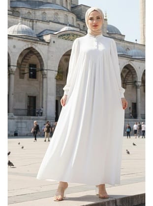 Önü Düğmeli Eva Tesettür Elbise Beyaz HM2757