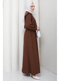 Bolerolu Beli Lastikli Tesettür Elbise Kahverengi HM262756