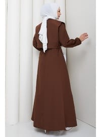 Bolerolu Beli Lastikli Tesettür Elbise Kahverengi HM262756