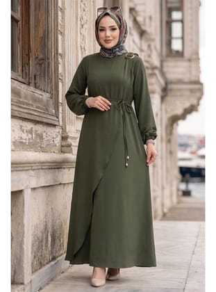 Toka Detaylı Bağlamalı Ayrobin Elbise Haki HM2907