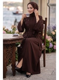 Kuşaklı Çiçek Taşlı Ferace Kahverengi HM2853