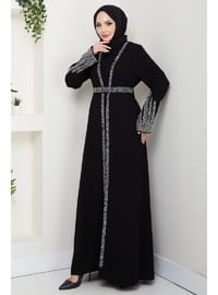 Taş Detaylı İçlikli Abaya Takım Siyah