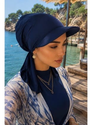 Lacivert Kepli Deniz / Havuz Kullanımına Uygun Bağcıklı Eşarp Bone