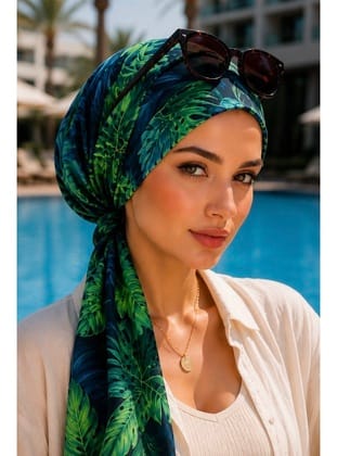 Yeşil Yaprak Desen Eşarp Bone
