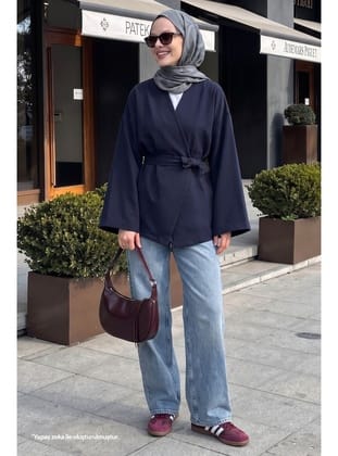 Kuşaklı Tek Düğmeli Double Kimono Lacivert