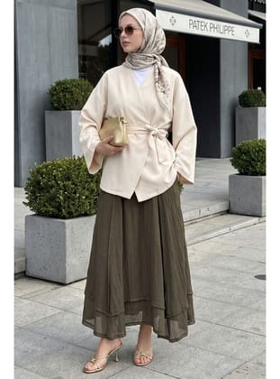 Kuşaklı Tek Düğmeli Double Kimono Taş