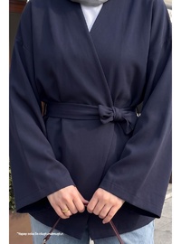 Kuşaklı Tek Düğmeli Double Kimono Lacivert