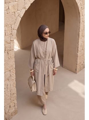 Doğal Kumaş Kuşaklı Cepli Beli Kuşaklı Kolyeli Kimono Taş 26YA511