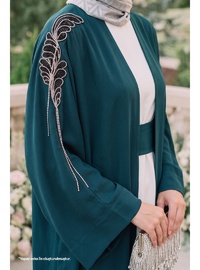 Dökümlü Taşlı Elbiseli Petrol Mavisi Abaya