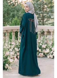 Dökümlü Taşlı Elbiseli Petrol Mavisi Abaya