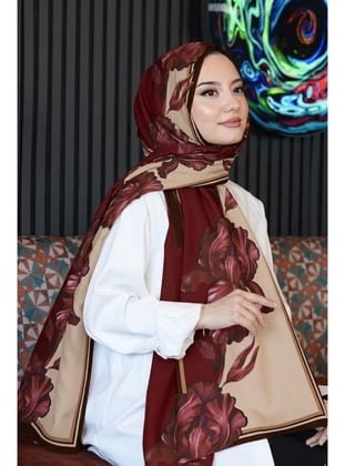 Çiçek Desen Bordo Soft Pamuk Şal