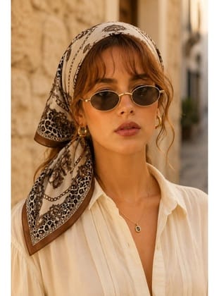 Leopar Zincir Desen Kahve-Bej Soft Bandana Fular 50x50 cm