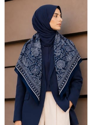 Şal Desen Lacivert-Krem Soft Fular Eşarp 90x90 cm