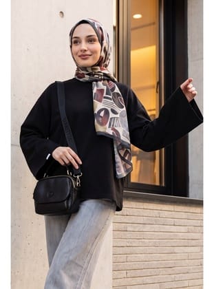 Bisiklet Yaka Uzun Kollu Oversize Penye Sweat -Siyah