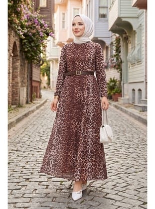 Leopar Desen Şifon Elbise 1350 - Kahve
