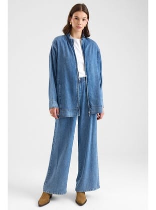 Fermuar Kapamalı Bağcık Detaylı Soft Denim Ceket Pantolon İkili Takım MAVİ 9468-TK
