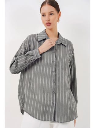 Kadın Çizgili Oversize Gömlek 20293 - Gri GRİ