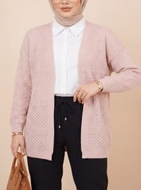 Ajurlu Dalga Desenli Triko Hırka Pudra