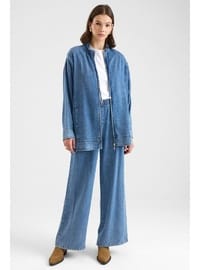 Fermuar Kapamalı Bağcık Detaylı Soft Denim Ceket Pantolon İkili Takım MAVİ