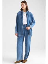 Fermuar Kapamalı Bağcık Detaylı Soft Denim Ceket Pantolon İkili Takım MAVİ