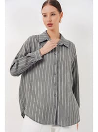 Kadın Çizgili Oversize Gömlek 20293 Gri