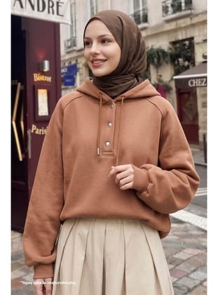 Çıtçıt Yaka Kapüşonlu Camel Sweat