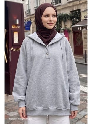 Çıtçıt Yaka Kapüşonlu Gri Sweat