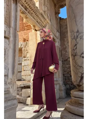 Asimetrik Kesim Bağlama Detaylı Tunik Geniş Paça Pantolon İkili Takım Bordo 26KA610