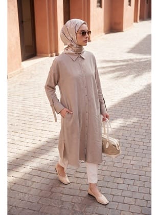Doğal Kumaş Asimetrik Dikiş Detaylı Gömlek Yaka Tunik 118 cm Boy Vizon 26YT478