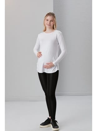 IŞŞIL 0362-Viskon Körüklü Düz Hamile Uzun Kol T-Shirt Beyaz