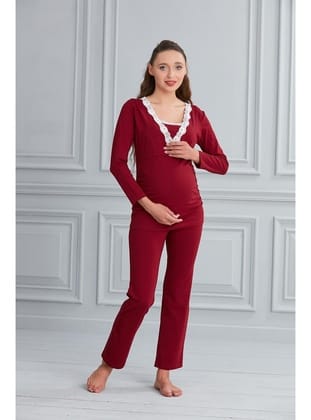 IŞŞIL 4411- Pamuk Kruvaze Emzirme Detay Hamile Pijama Takım Bordo