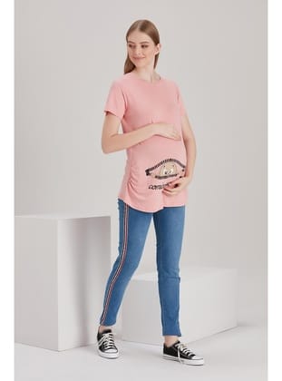IŞŞIL 4473-Fermuardan Bakan Bebek Viskon Hamile Kısa Kol T-Shirt PUDRA