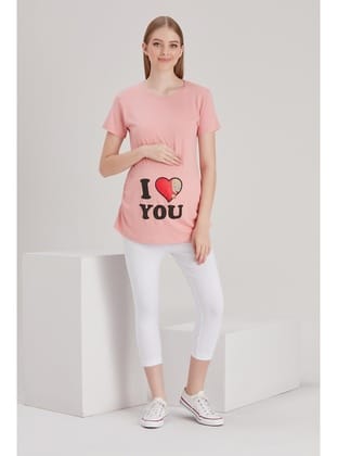 IŞŞIL 4490-Kalpten Bakan Bebek Kısa Kol Viskon Hamile T-Shirt PUDRA