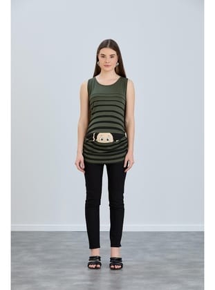 IŞŞIL 4542-Hamile T-Shirt Askılı Kol Çizgili Bakan Bebek Haki