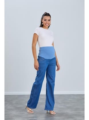 IŞŞIL 8798-Hamile Lycra Bol Paça Kot Pantolon Açık Mavi