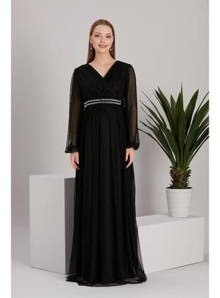 IŞŞIL A0024-Sim Puanlı Tül Maxi Hamile Abiye-BabyShower Elbise Siyah